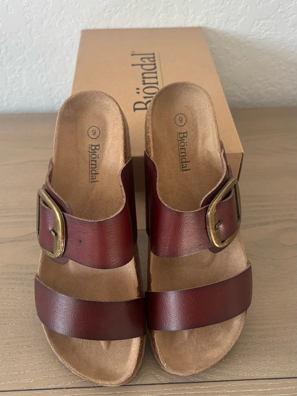Bjorndal Burgundy Two-Strap Slide Sandals with Brass Buckles